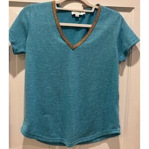 MOLLY BRACKEN S Small Blue Short Sleeve V-Neck Shirt‎ Top Gold Trim